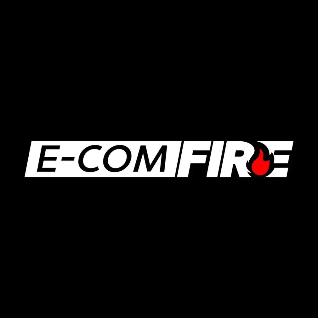 Logo de E-COMFIRE color blanco con fondo rojo - Efficommerce